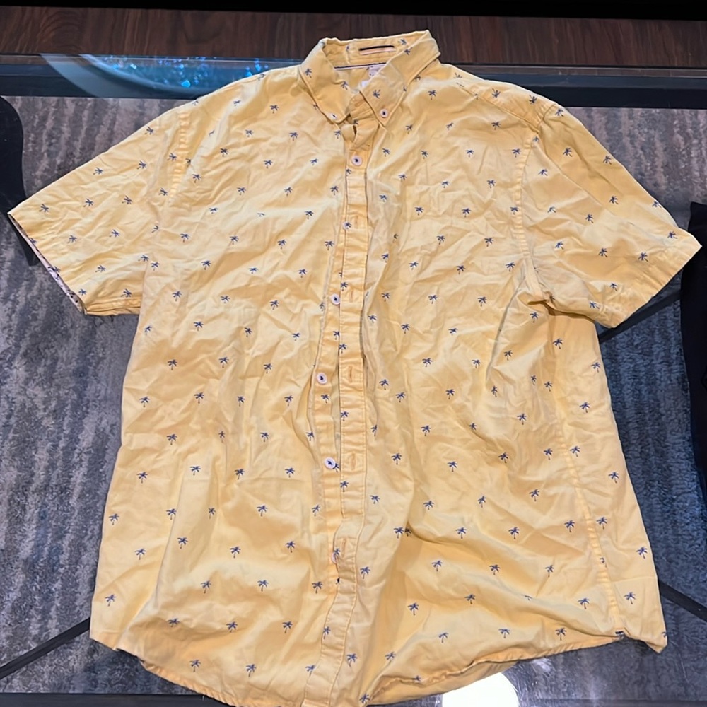 Denim & flower button up polo shirt, shirt, size large